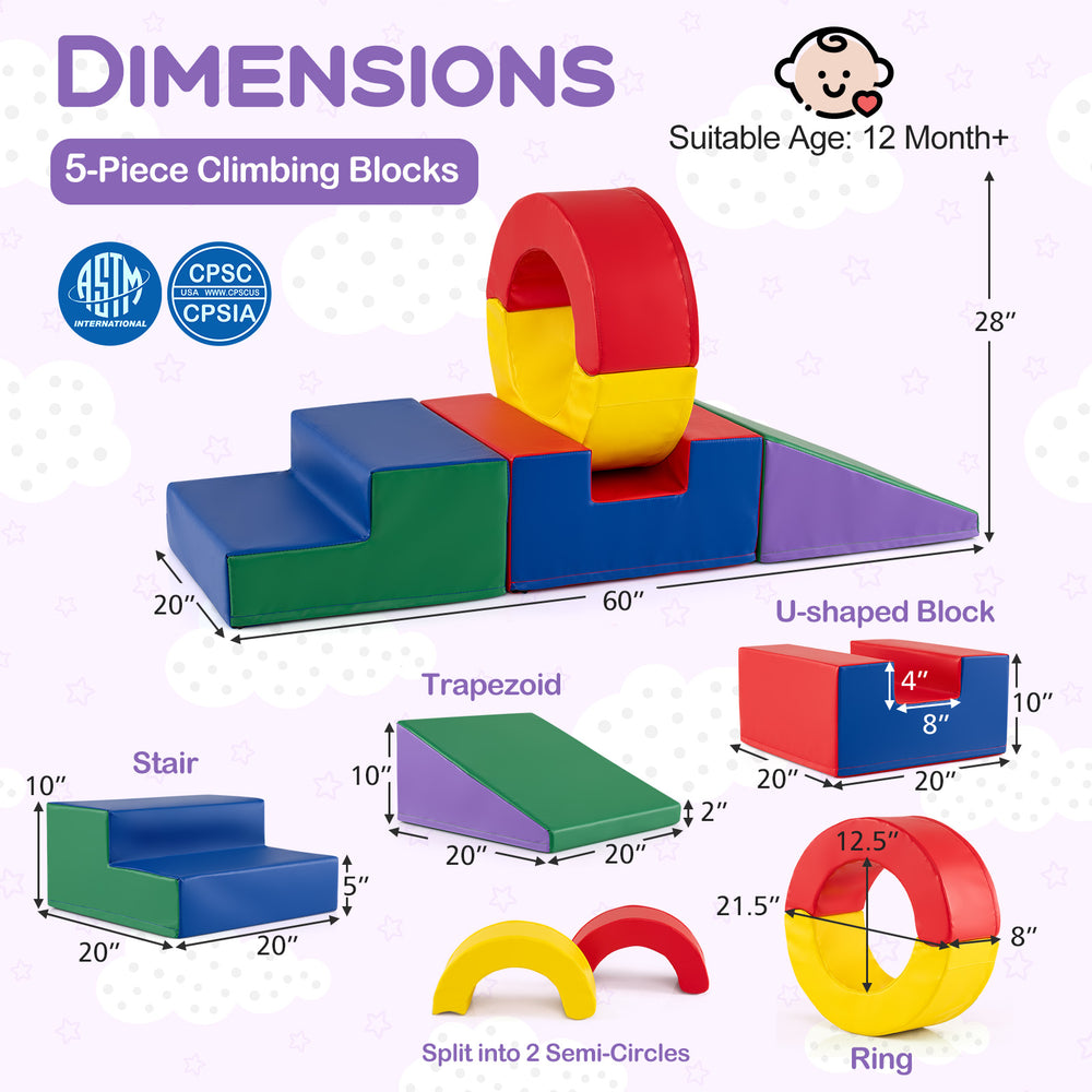 Colorful 5-piece kids climbing blocks set with PU leather cover for creative play, suitable for stair climbing and.