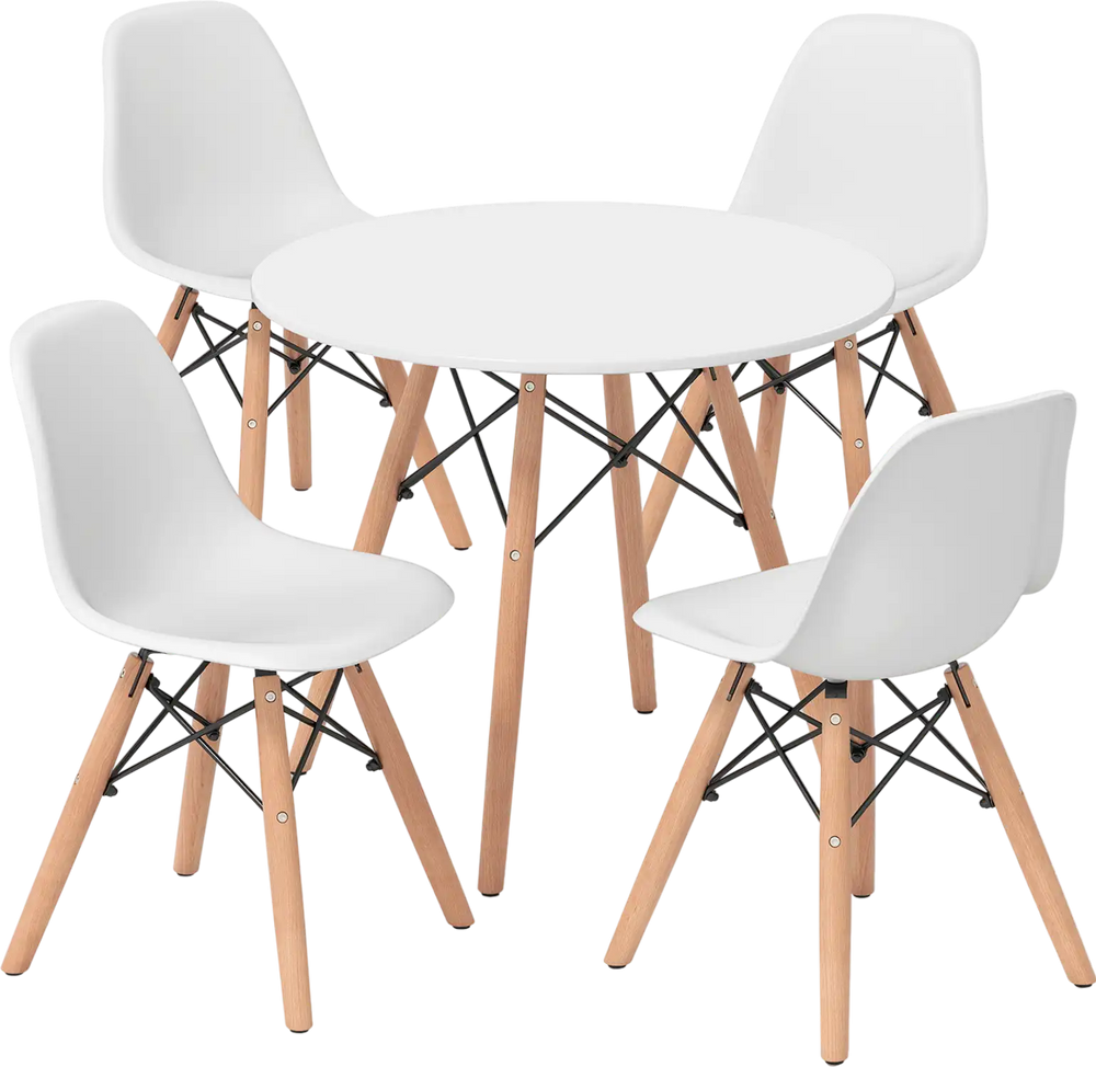 Kids mid-century modern table and chairs set with white seats and wood legs, perfect for playtime and activities.