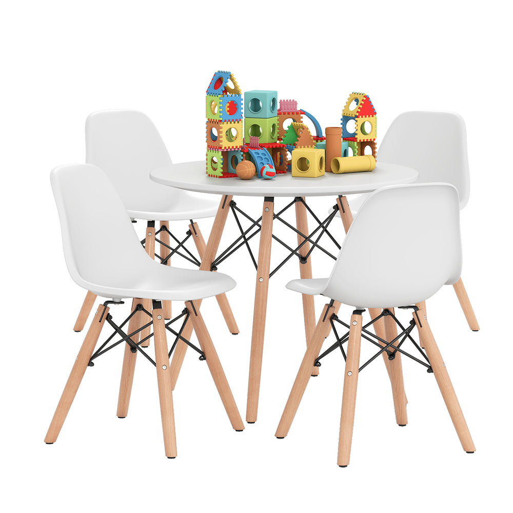 Kids mid-century modern table and chairs set with ergonomic design, sturdy wood legs, perfect for play and activities.