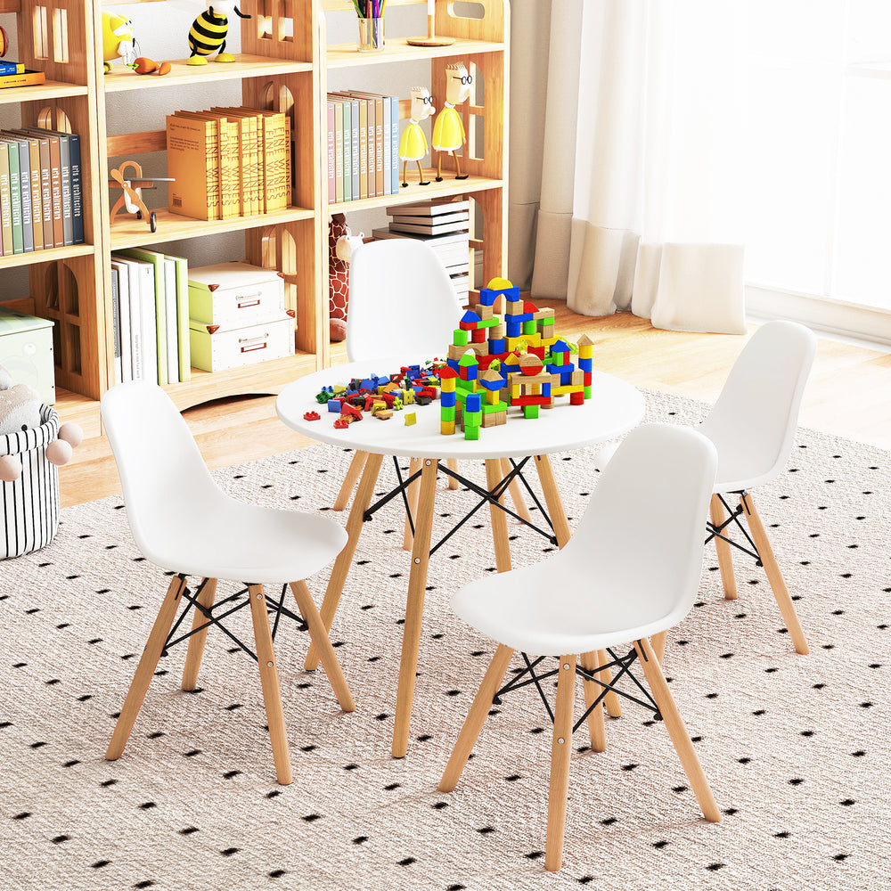 Kids mid-century modern table and chairs set with wood legs, ergonomic design, perfect for play and activities.