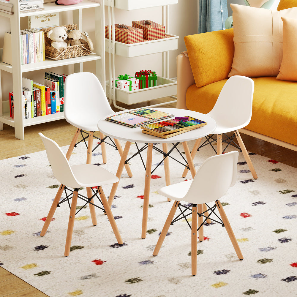 Mid-century modern kids' table and four chairs set with wood legs, ergonomic design, perfect for play and creativity.
