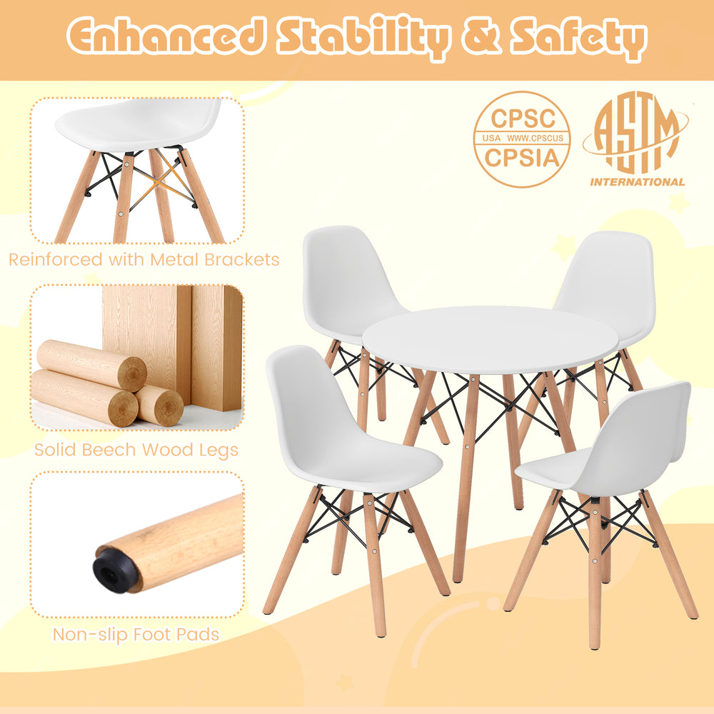 5-piece kids table and chairs set with solid beech wood legs, ergonomic design, and non-slip foot pads for safety.