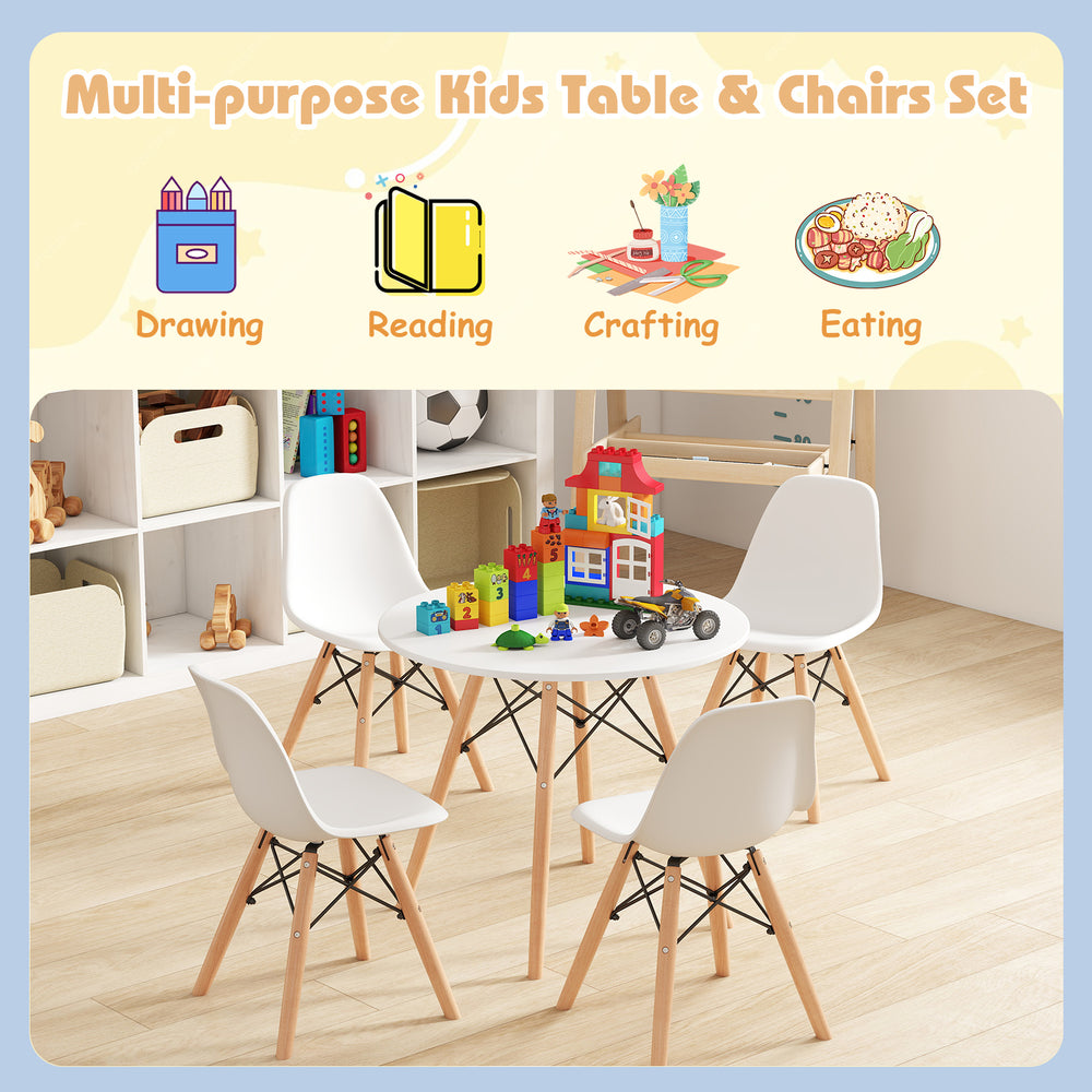 Kids table and chairs set featuring a round table with wood legs and four ergonomic chairs, perfect for drawing and.