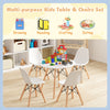 Kids table and chairs set featuring a round table with wood legs and four ergonomic chairs, perfect for drawing and.
