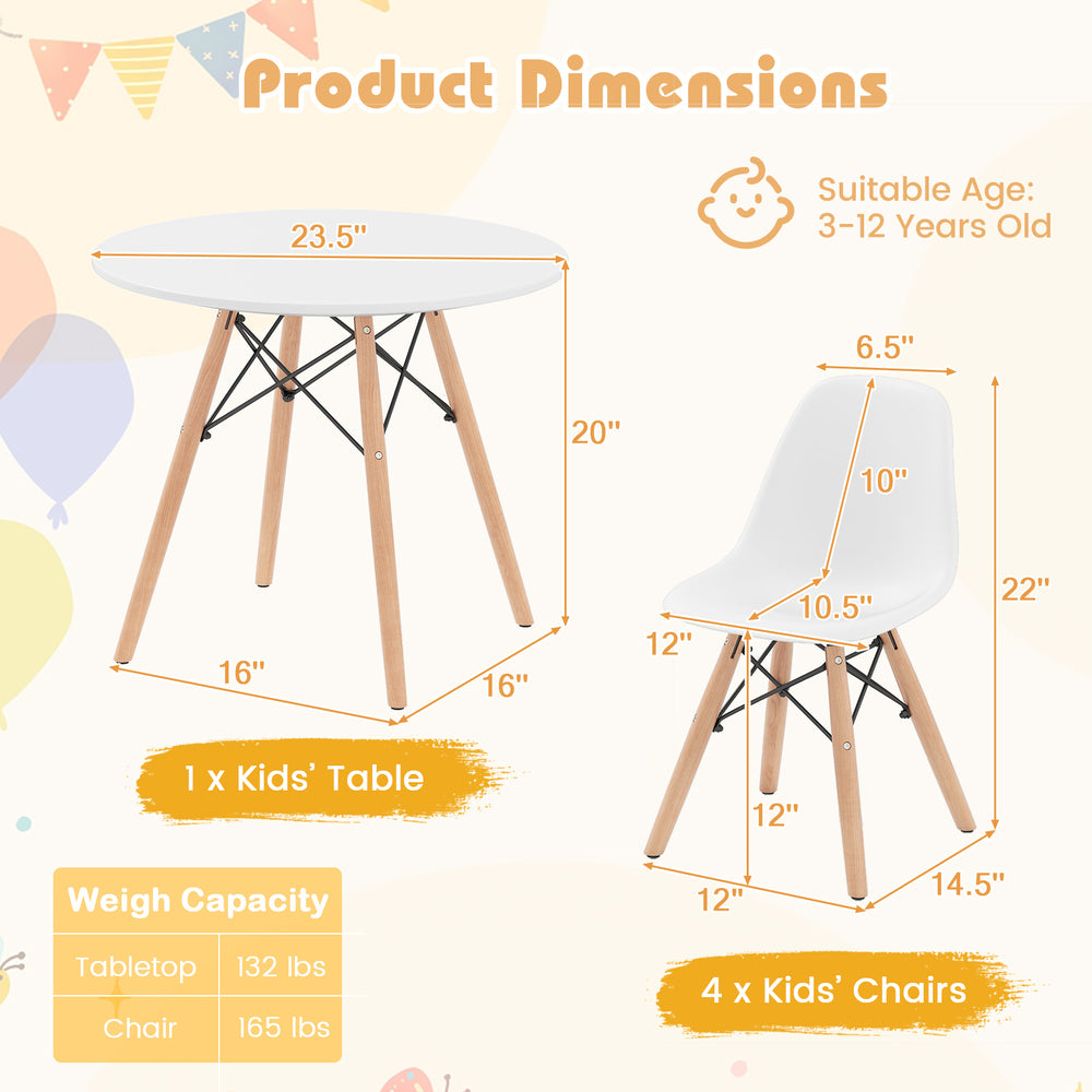 Kids table and chairs set featuring a round tabletop, wood legs, and ergonomic chairs for safe, comfortable playtime.