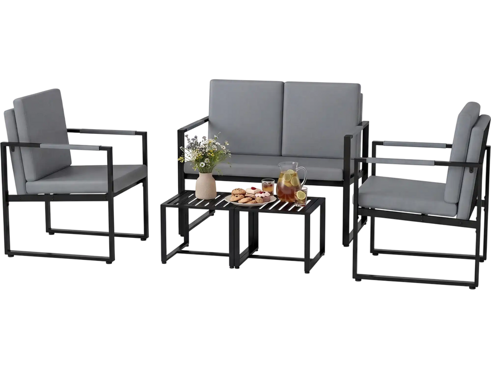 5-piece living room set featuring gray PU leather cushions, solid metal frame, and two accent chairs with coffee tables.
