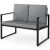 Gray 2-seater sofa with removable back pillows and solid metal frame, perfect for small living rooms or office lounges.