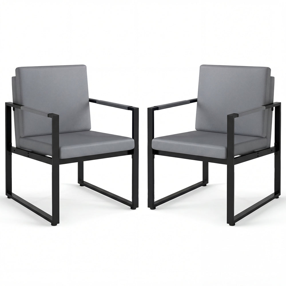Two gray accent chairs with solid metal frames, ideal for modern living rooms or office lounges, featuring removable.
