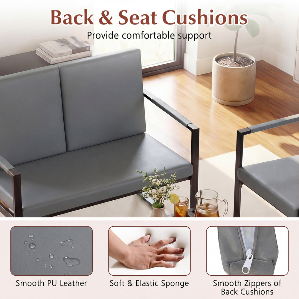 Back and seat cushions of the gray living room set, featuring soft PU leather and resilient sponge for comfort.