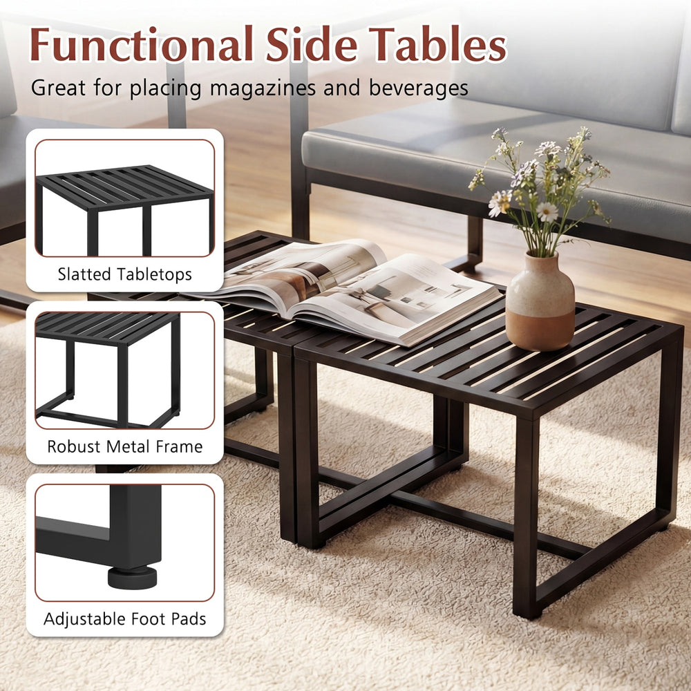 Gray coffee tables with slatted tabletops and robust metal frame, perfect for living rooms or office lounges.