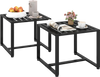 Set of 2 black metal end tables with slatted tabletops, perfect for living rooms and easy to clean.