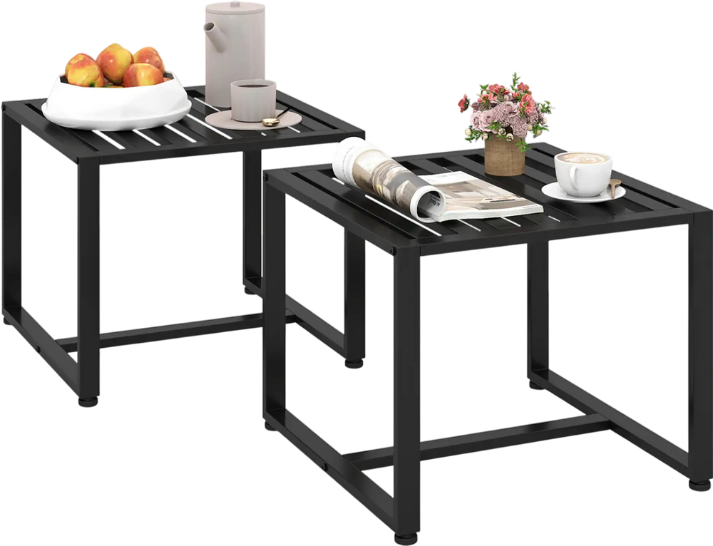 Set of 2 black metal end tables with slatted tabletops, perfect for living rooms and easy to clean.