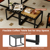 Set of 2 black metal end tables with slatted tabletops, featuring adjustable foot pads for stability and style.