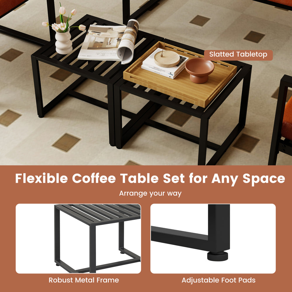 Set of 2 black metal end tables with slatted tabletops, featuring adjustable foot pads for stability and style.