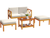 5-piece acacia wood patio lounge chair set with white cushions, featuring a coffee table and ottomans for outdoor.