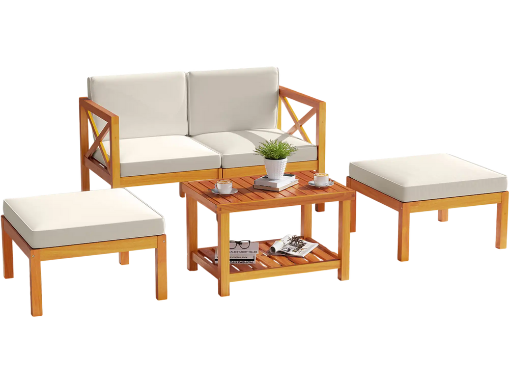 5-piece acacia wood patio lounge chair set with white cushions, featuring a coffee table and ottomans for outdoor.