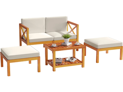 Costway 5-Pc Acacia Wood Patio Lounge Chair Set w/ Ottomans & Cushions White 31682975 New