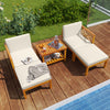 Acacia wood patio lounge chair set with white cushions and ottomans, perfect for outdoor relaxation by the poolside.