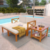 Acacia wood patio lounge chair set with white cushions, featuring a coffee table, ideal for outdoor relaxation by the.