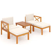 Acacia wood patio lounge chair set with ottomans and cushions, ideal for outdoor relaxation and conversation.
