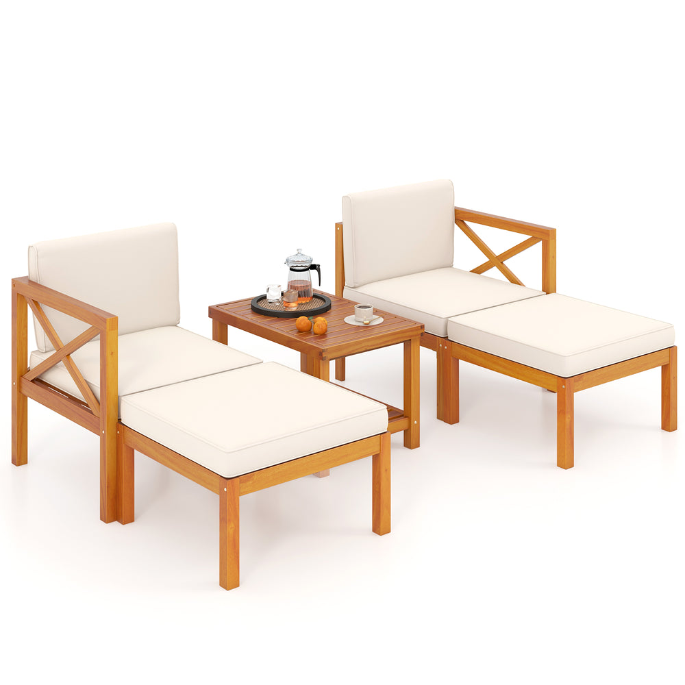 Acacia wood patio lounge chair set with soft white cushions and a coffee table, perfect for outdoor relaxation.