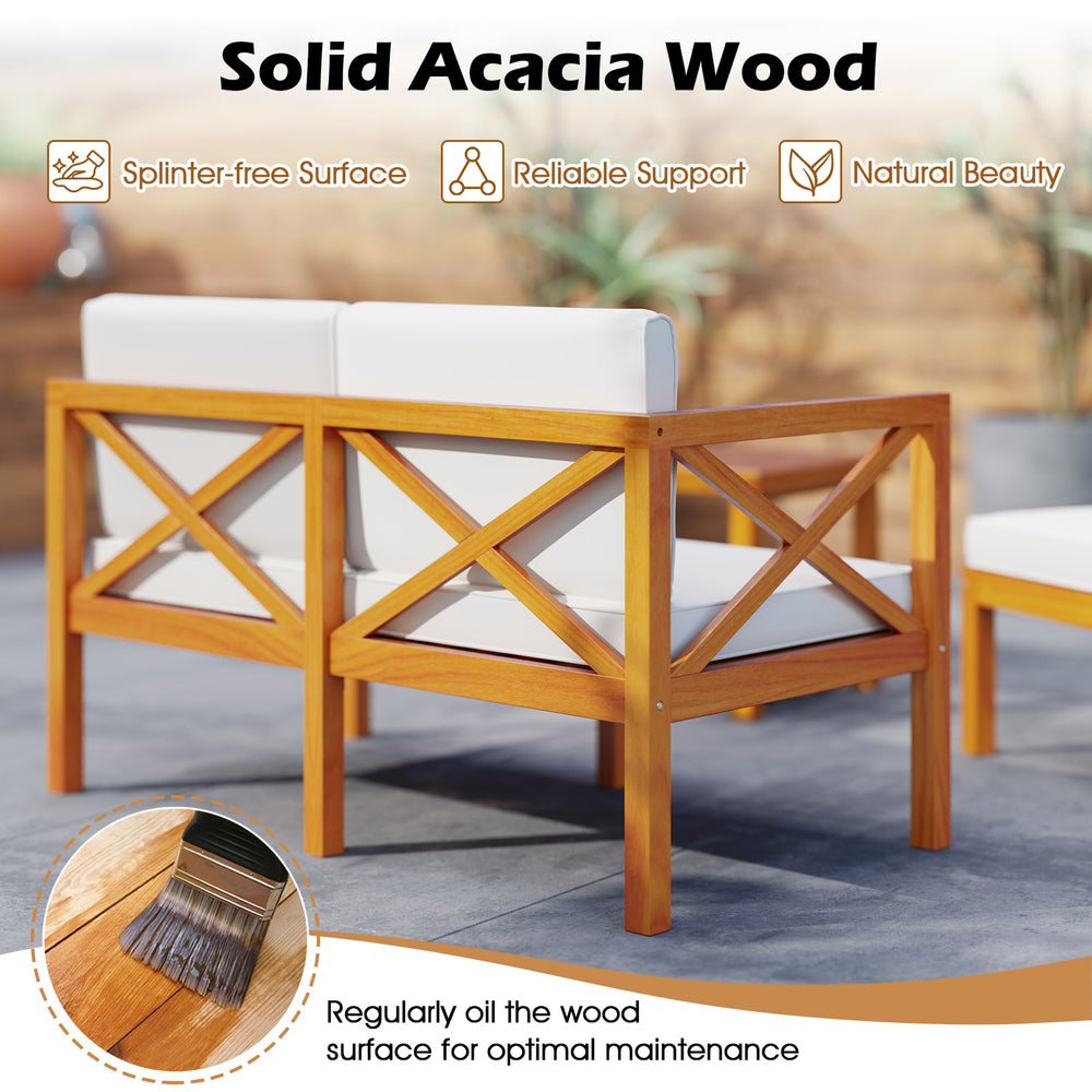 Acacia wood patio lounge chair set with white cushions, showcasing a splinter-free surface and reliable support for.