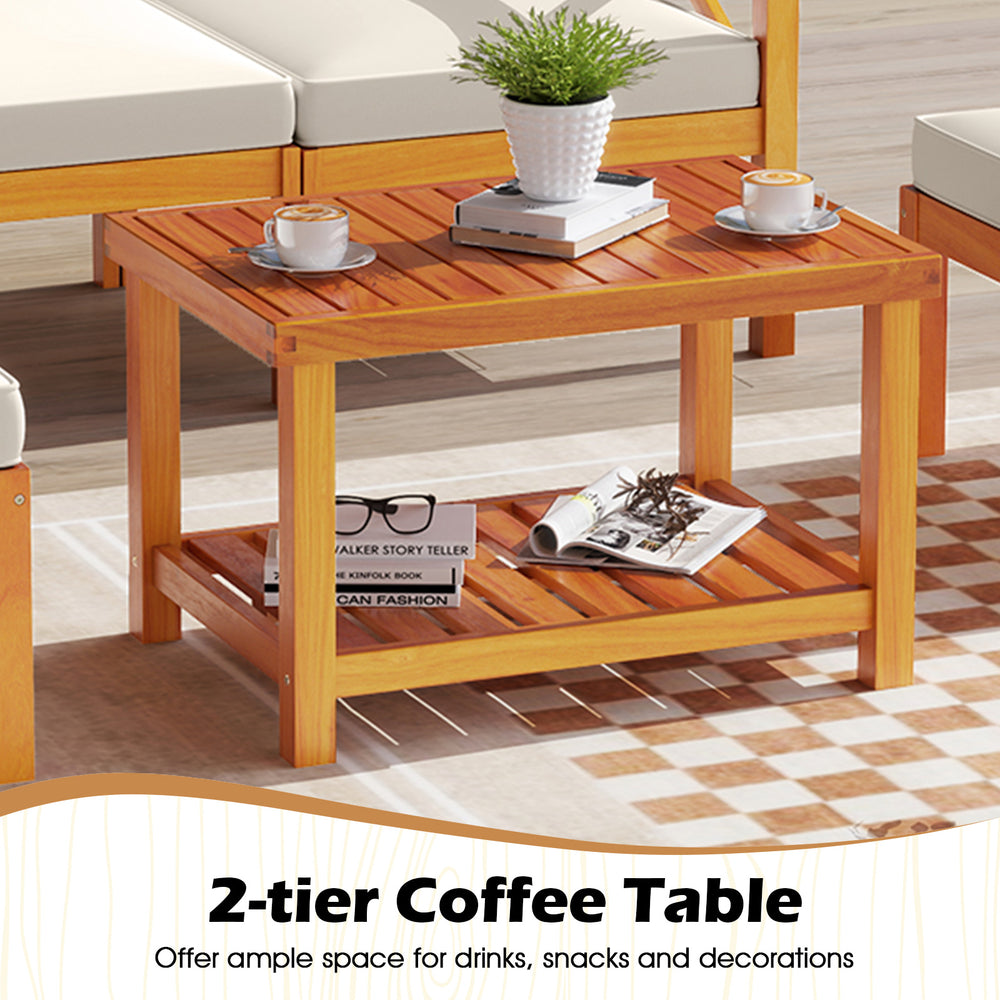 2-tier coffee table in acacia wood, offering ample space for drinks and snacks, perfect for outdoor patio use.