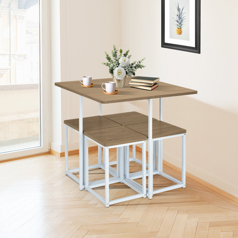 5 Pieces Metal Frame Dining Set with Compact Dining Table and 4 Stools-Natural - Gallery View 1 of 9