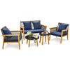 5-piece outdoor conversation set featuring acacia wood and navy cushions, perfect for backyard or poolside relaxation.