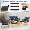 5-piece outdoor conversation set featuring navy cushions, acacia wood frame, and adjustable footpads for backyard.