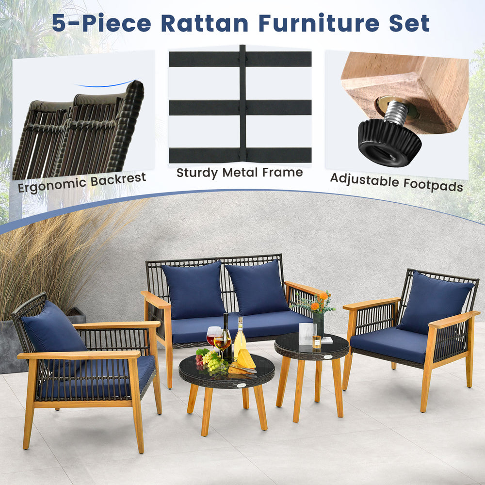 5-piece outdoor conversation set featuring navy cushions, acacia wood frame, and adjustable footpads for backyard.