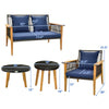 Single acacia wood chair with navy cushion from a 5-piece outdoor conversation set, perfect for poolside comfort.