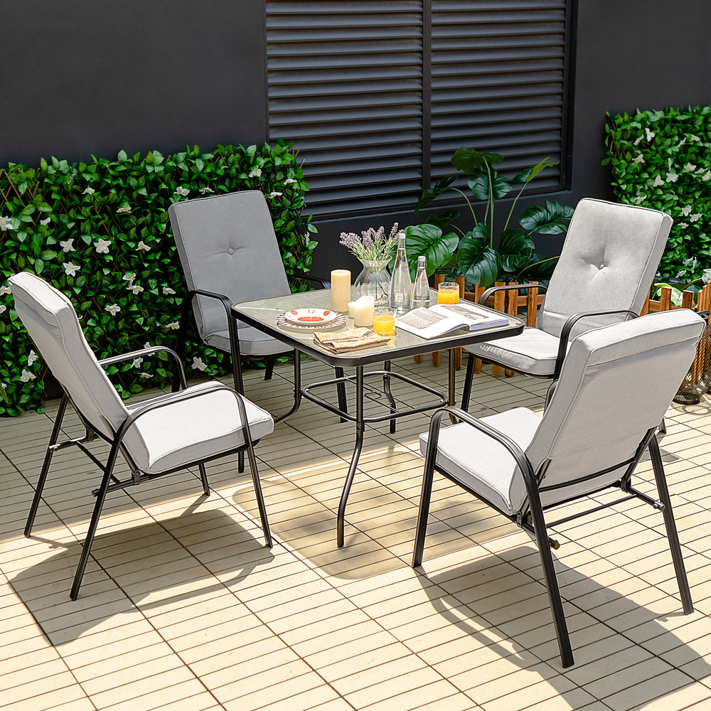 5-piece outdoor dining set featuring 4 stackable chairs with high-back cushions and a 35" tempered glass table for.