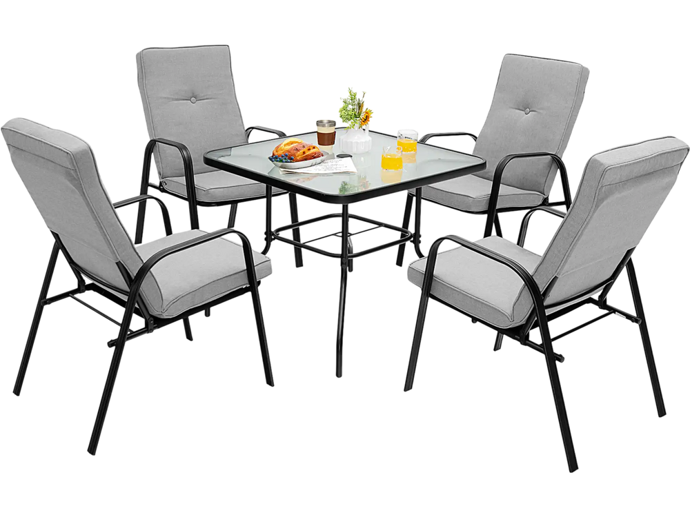 5 Pieces Outdoor Dining Set with 4 Stackable Chair and High-Back Cushions