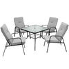 5-piece outdoor dining set featuring 4 stackable chairs with high-back cushions and a sturdy tempered glass table.