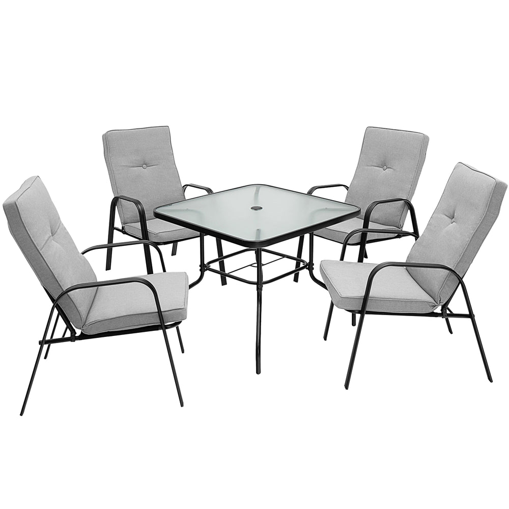 5-piece outdoor dining set featuring 4 stackable chairs with high-back cushions and a sturdy tempered glass table.
