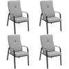 Set of four stackable outdoor dining chairs with high-back cushions, featuring a sturdy steel frame and cozy armrests.