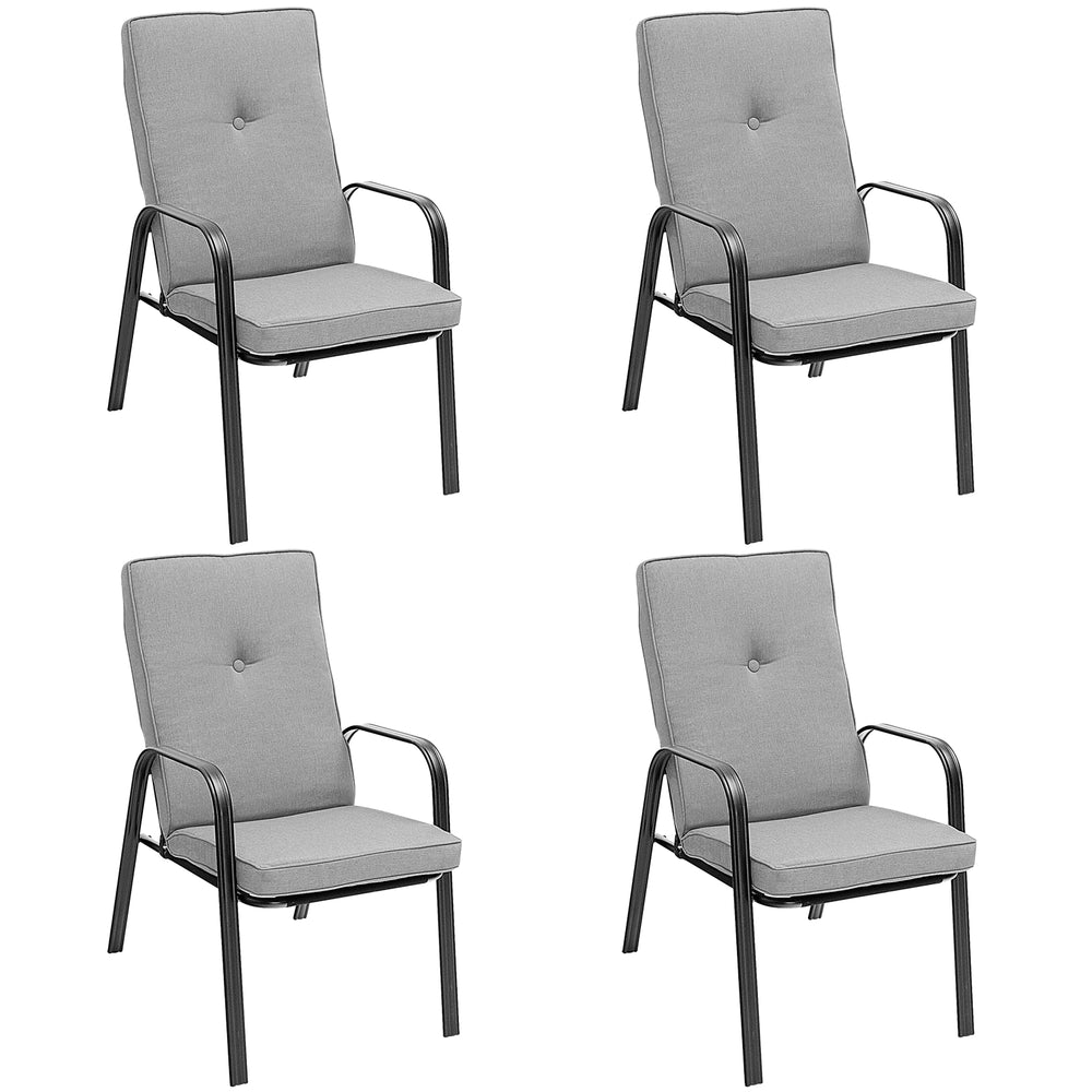 Set of four stackable outdoor dining chairs with high-back cushions, featuring a sturdy steel frame and cozy armrests.