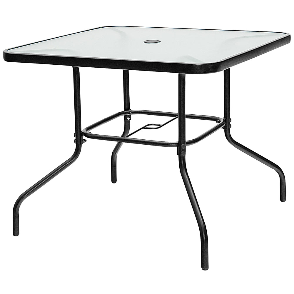 Square dining table with tempered glass top and sturdy steel frame, ideal for outdoor dining with 4 stackable chairs.
