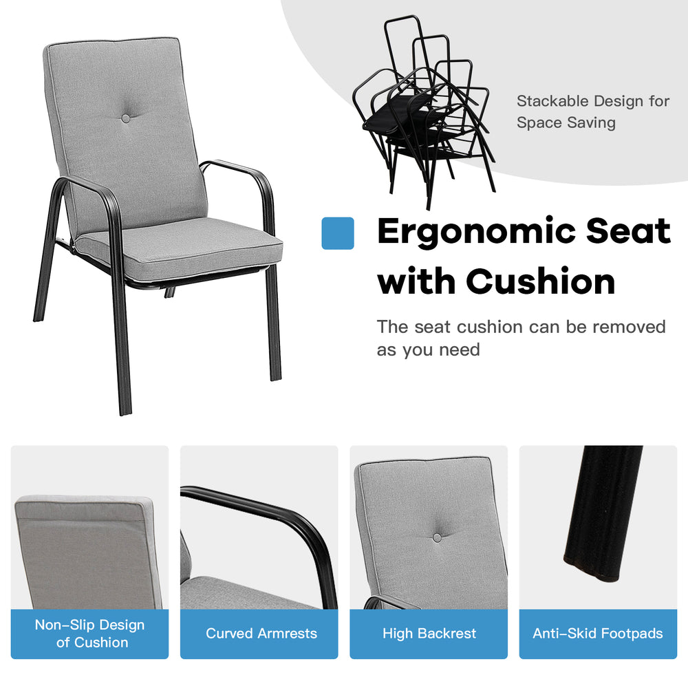 Stackable chair with high-back cushion, curved armrests, and anti-skid footpads for outdoor dining comfort.