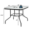Square outdoor dining table with tempered glass top, 35" wide, sturdy steel frame, suitable for 4 people.