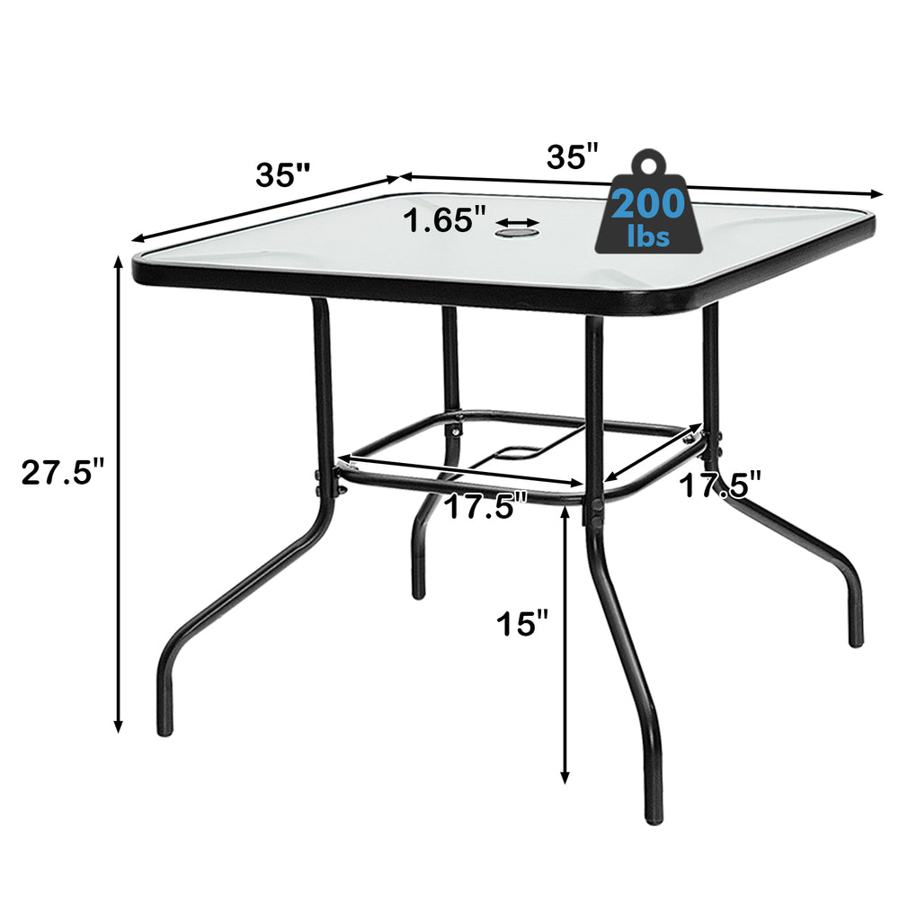 Square outdoor dining table with tempered glass top, 35" wide, sturdy steel frame, suitable for 4 people.