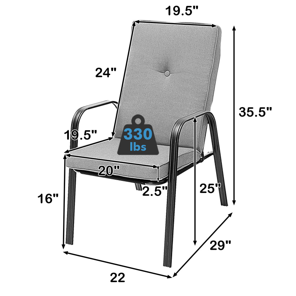 High-back stackable chair with gray cushion, sturdy steel frame, supports 330 lbs, ideal for outdoor dining.