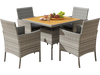 5-piece PE wicker patio dining set featuring an acacia wood table and comfortable chairs, perfect for outdoor dining.