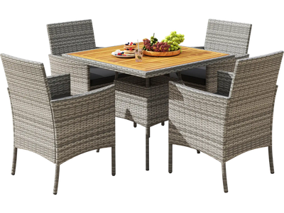 Costway 5-Pc PE Wicker Patio Dining Set Acacia Wood Table Chairs Black 247361958 New