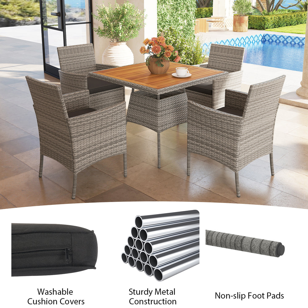 5-piece PE wicker patio dining set with acacia wood table and chairs, featuring removable cushions and sturdy metal.
