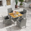 5-piece PE wicker patio dining set with acacia wood table and chairs, featuring soft cushions for outdoor comfort.