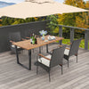 5-piece patio rattan dining set with acacia wood tabletop and ergonomic chairs, perfect for poolside or backyard dining.