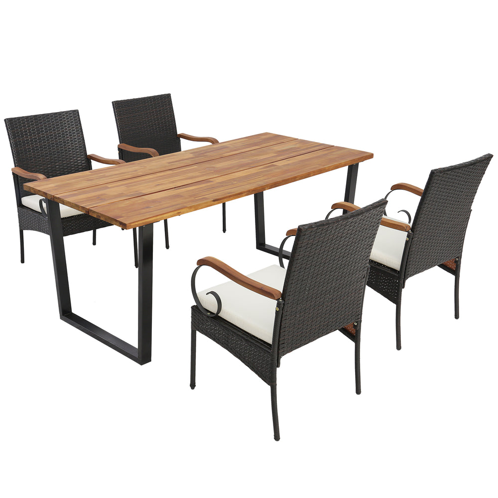 Stylish patio dining set featuring four ergonomic chairs with elastic cushions and an acacia wood tabletop for outdoor.