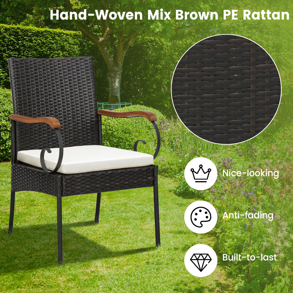 Hand-woven mix brown PE rattan dining chair with acacia wood armrests, designed for poolside and backyard relaxation.